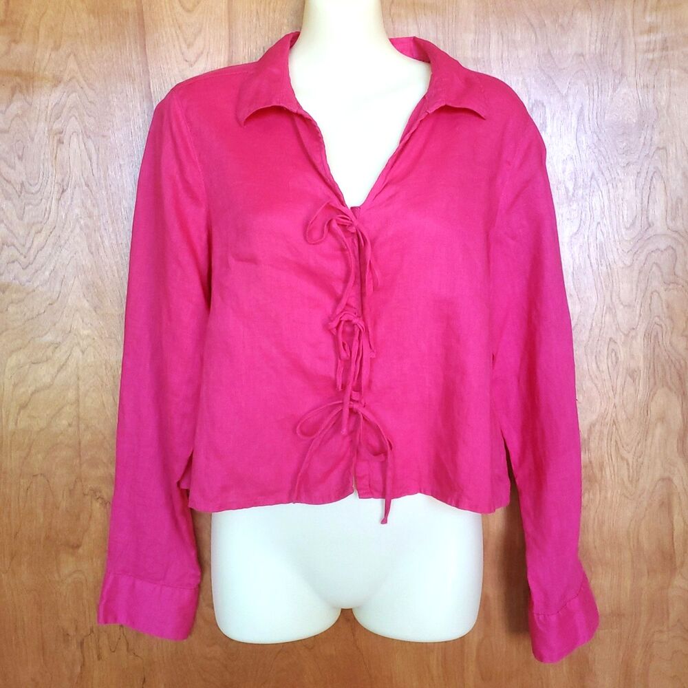 Cynthia Rowley Linen Top Sz M Cropped Hot Pink Snap & Tie Front Coastal Vacation